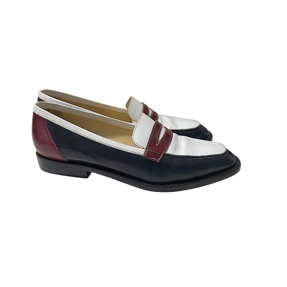 90s Kenneth Cole Spectator Penny Loafers Leather 7.5 Navy White Burgundy - Picture 4 of 9